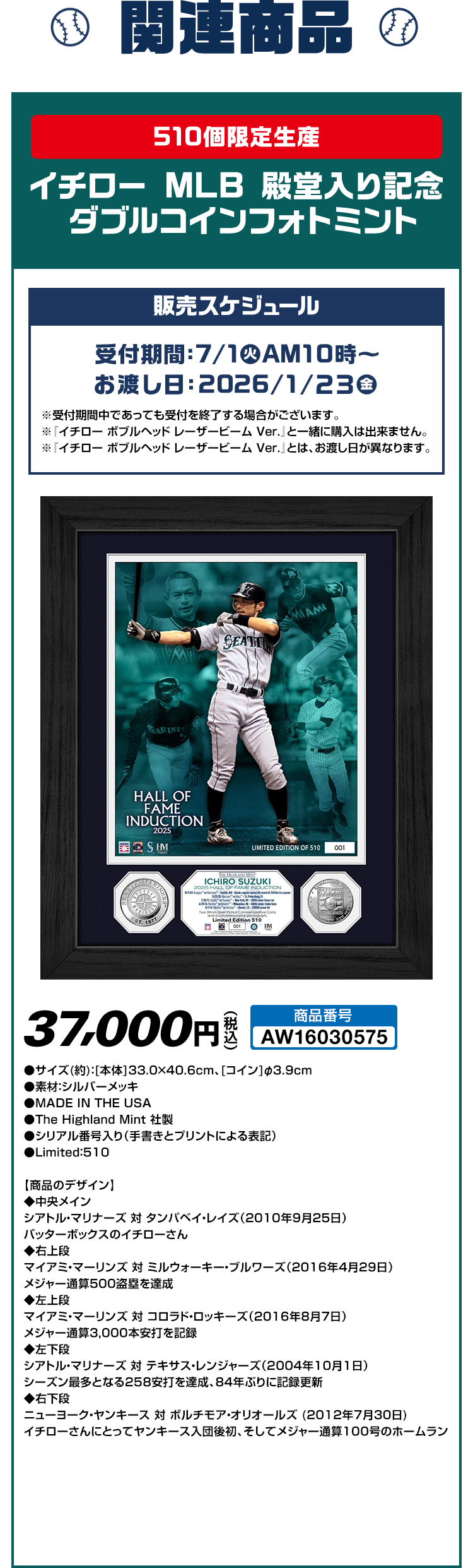 関連商品 510個限定生産 イチロー MLB 殿堂入り記念 ダブルコインフォトミント