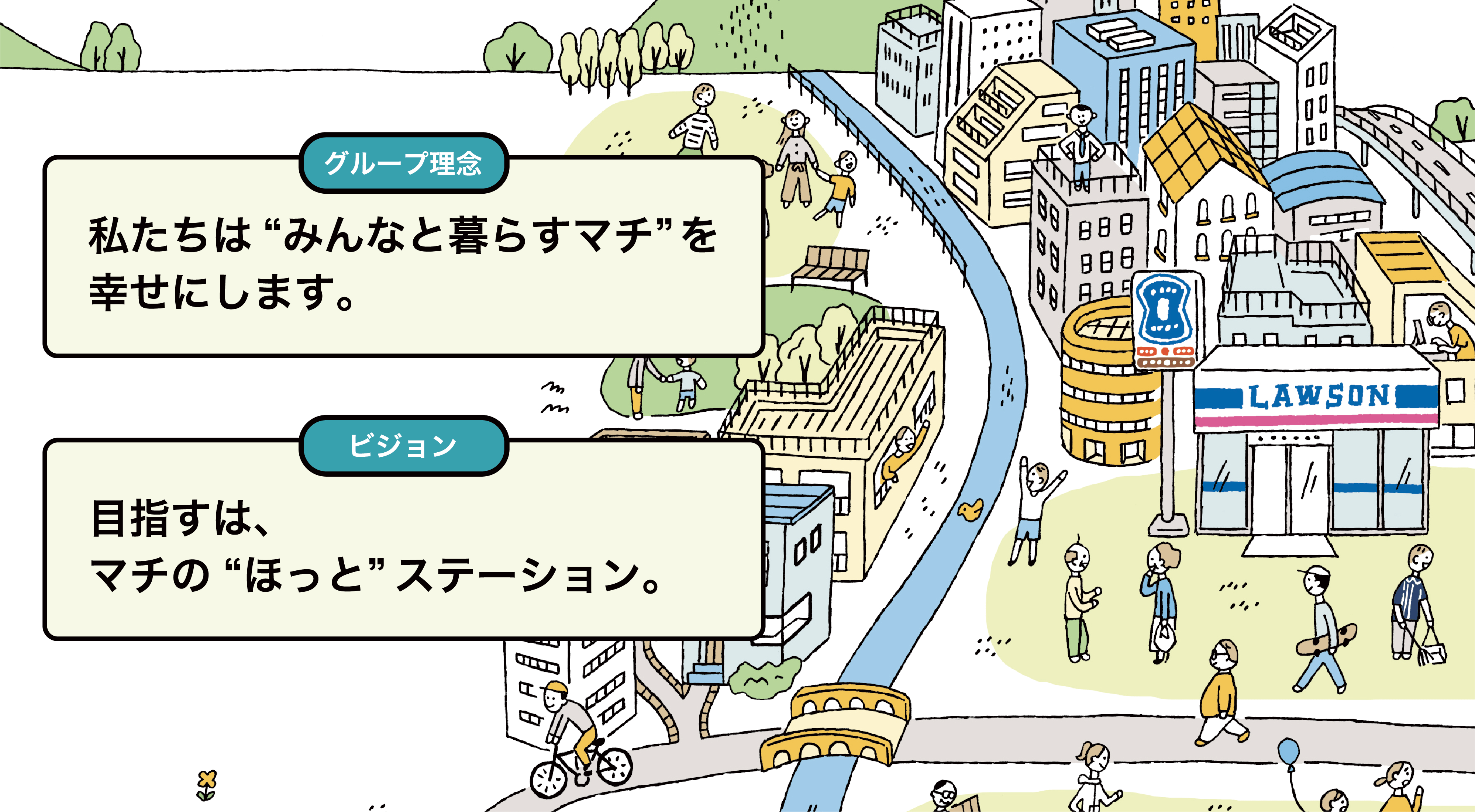 タブレット・スマホ用画像 グループ理念 私たちは“みんなと暮らすマチ”を幸せにします。ビジョン目指すは、マチの“ほっと”ステーション。