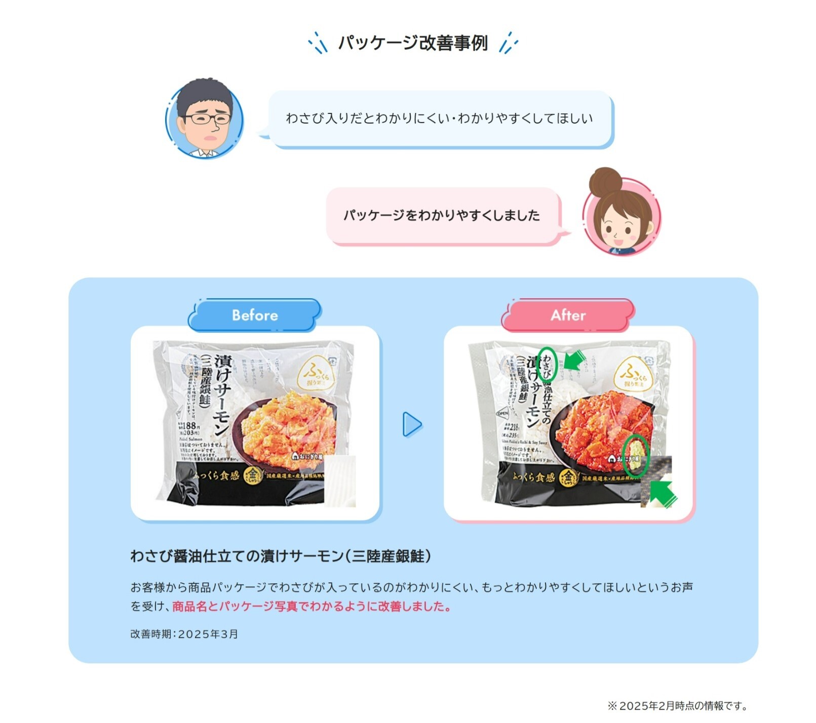 お客さまの声をもとに商品パッケージを改善した事例です。わさび入りのおにぎりでは、商品パッケージでわさび入りだとわかりくいというお声を受け、商品名とパッケージ写真でわかるように改善しました。