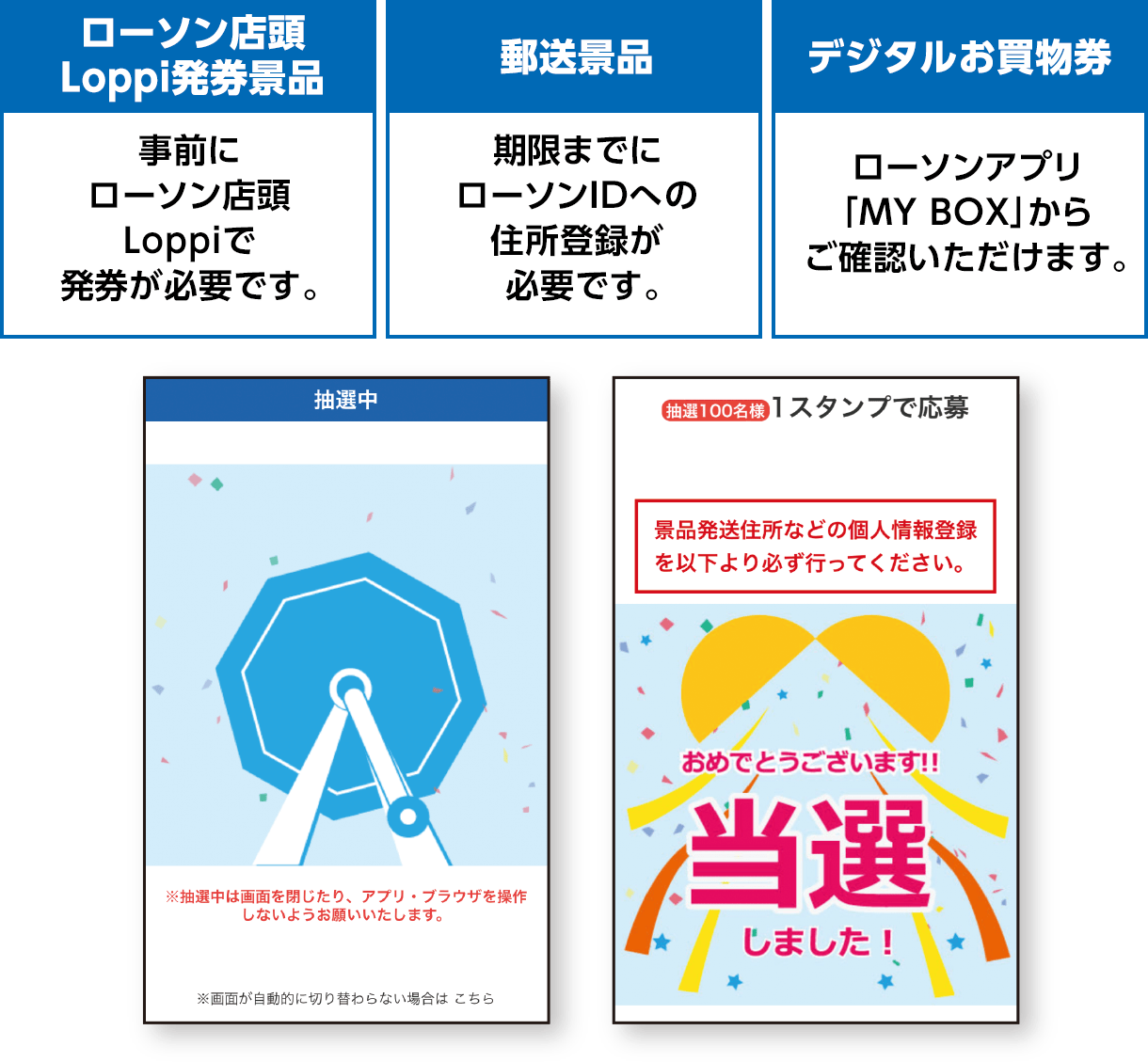 【ローソン店頭Loppi発券景品】事前にローソン店頭Loppiで発券が必要です。【郵送景品】期限までにローソンIDへの住所登録が必要です。【デジタルお買物券】ローソンアプリ「MY BOX」からご確認いただけます。
