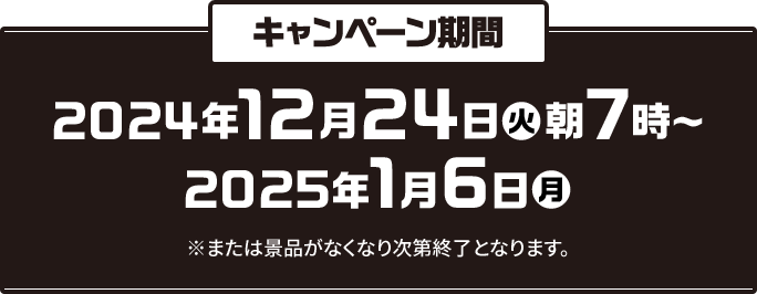 キャンペーン期間 2024年12月24日(火)朝7時〜2025年1月6日(月) ※または景品がなくなり次第終了となります。