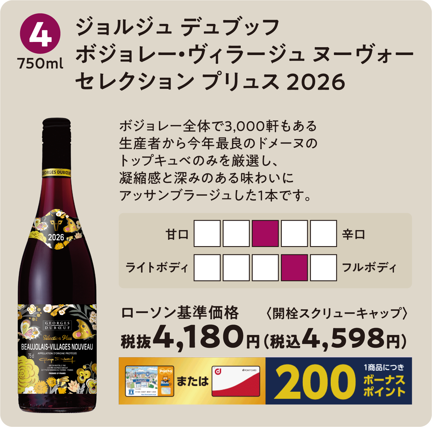 ジョルジュ デュブッフ ボジョレー・ヴィラージュ ヌーヴォー セレクション プリュス　2026〈750ml〉ローソン標準価格 税抜4,180円（税込4,598円）