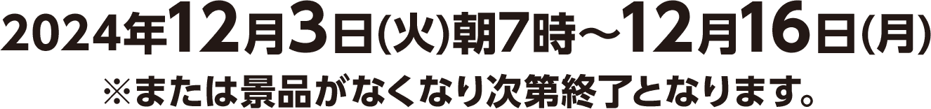 2024年12月3日(火)朝7時〜12月16日(月)※または景品がなくなり次第終了となります。