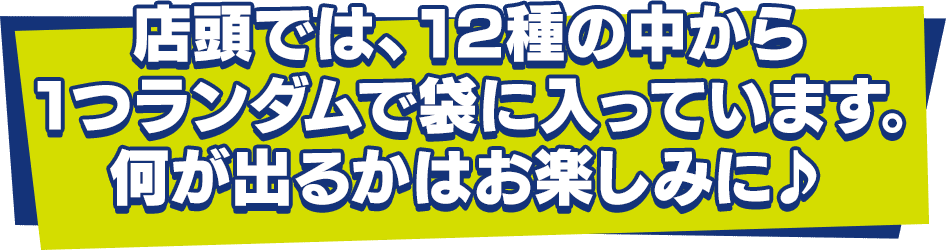 店頭では、12種の中から1つランダムで袋に入っています。何が出るかはお楽しみに♪