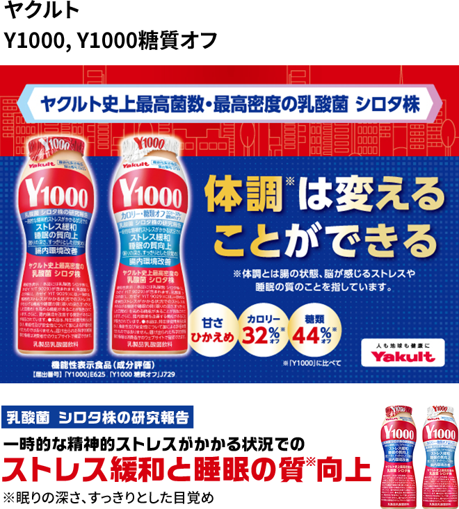ヤクルト Y1000, Y1000糖質オフ 乳酸菌 シロタ株の研究報告 一時的な精神的ストレスがかかる状況でのストレス緩和と睡眠の質※向上 ※眠りの深さ、すっきりとした目覚め