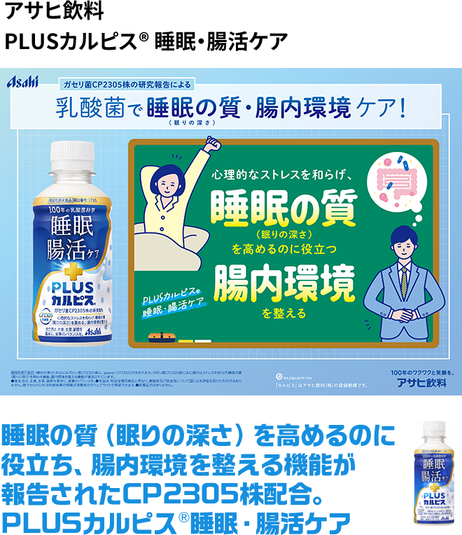 アサヒ飲料 PLUSカルピス® 睡眠の質（眠りの深さ）を高めるのに役立ち、腸内環境を整える機能が報告されたCP2305株配合。PLUSカルピス®睡眠・腸活ケア