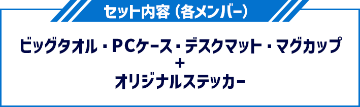 セット内容（各メンバー） ビッグタオル・PCケース・デスクマット・マグカップ+オリジナルステッカー