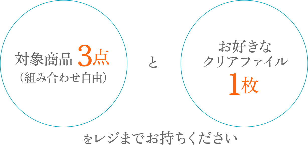 対象商品3点（組み合わせ自由）＋お好きなクリアファイル1枚をレジまでお持ちください