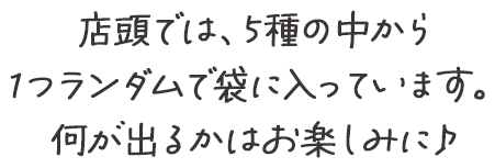 店頭では、5種の中から1つランダムで袋に入っています。 何がですかはお楽しみに♪