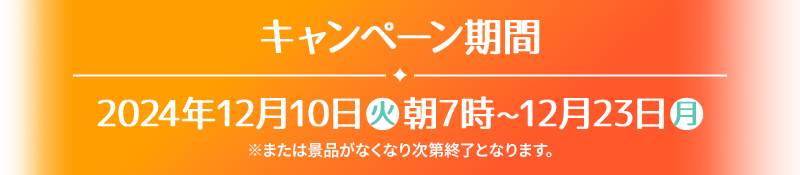 キャンペーン期間 2024年12月10日(火)朝7時〜12月23日(月) ※または景品がなくなり次第終了となります。