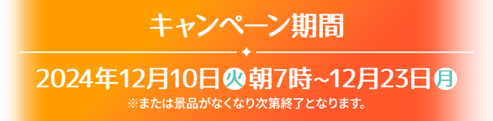 キャンペーン期間 2024年12月10日(火)朝7時〜12月23日(月) ※または景品がなくなり次第終了となります。