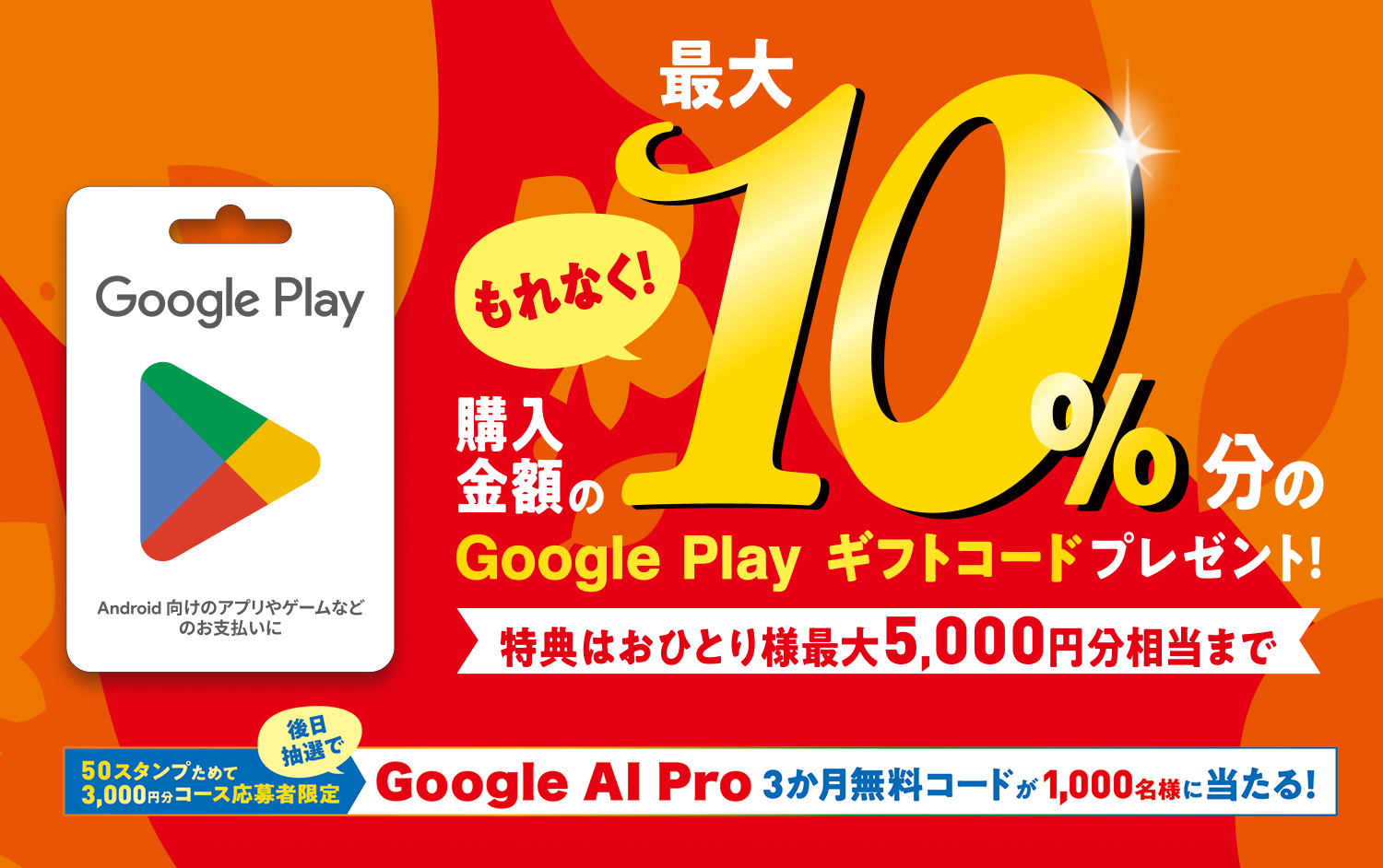 もれなく購入金額の最大10％分のGoogle Play ギフトコードプレゼント！特典はおひとり様最大5,000円分相当まで。50スタンプためて3,000円分コース応募者限定で、後日抽選でGoogle AI Pro 3か月無料コードが1,000名様に当たる！