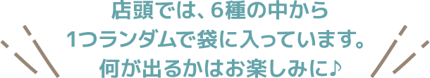 店頭では、6種の中から1つランダムで袋に入っています。何が出るかはお楽しみに♪