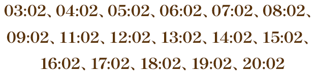 03:02、04:02、05:02、06:02、07:02、08:02、09:02、11:02、12:02、13:02、14:02、15:02、16:02、17:02、18:02、19:02、20:02
