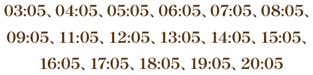 03:05、04:05、05:05、06:05、07:05、08:05、09:05、11:05、12:05、13:05、14:05、15:05、16:05、17:05、18:05、19:05、20:05