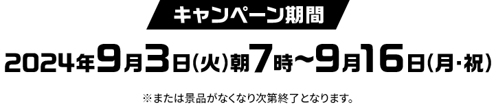 キャンペーン期間 2024年9月3日(火)朝7時〜9月16日(月・祝) ※または景品がなくなり次第終了となります。