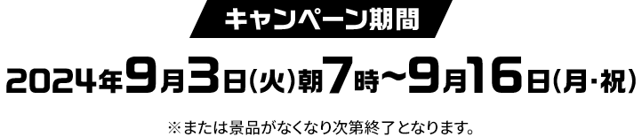 キャンペーン期間 2024年9月3日(火)朝7時〜9月16日(月・祝) ※または景品がなくなり次第終了となります。