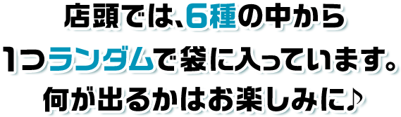 店頭では、6種の中から1つランダムで袋に入っています。何が出るかはお楽しみに♪