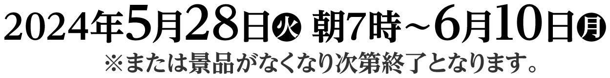 2024年5月28日(火)朝7時〜6月10日(月)※または景品がなくなり次第終了となります。