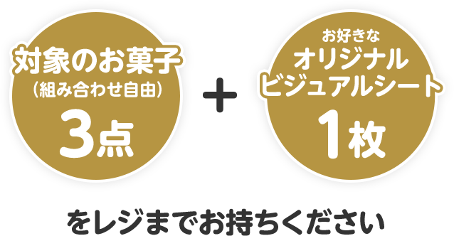 対象のお菓子(組み合わせ自由)3点 + お好きなオリジナルビジュアルシート1枚をレジまでお持ちください