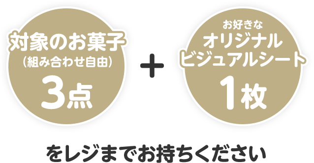 対象のお菓子(組み合わせ自由)3点 + お好きなオリジナルビジュアルシート1枚をレジまでお持ちください