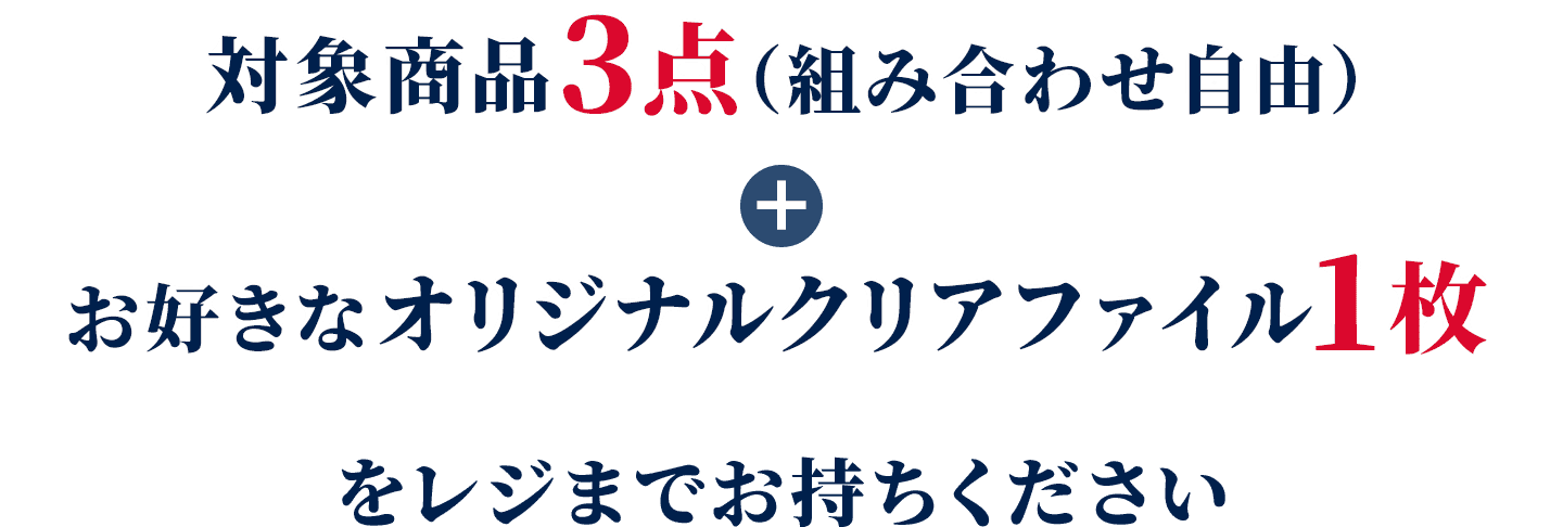 対象商品3点（組み合わせ自由）＋お好きなオリジナルクリアファイル1枚をレジまでお持ちください