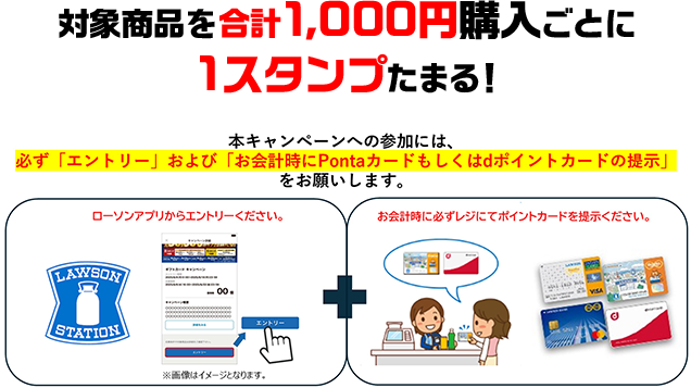対象商品を合計1,000円購入ごとに1スタンプたまる！