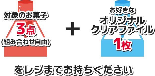 対象のお菓子3点(組み合わせ自由) + お好きなオリジナルクリアファイル1枚をレジまでお持ちください