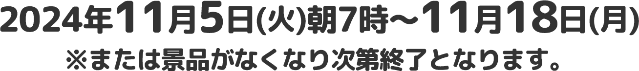 2024年11月5日(火)朝7時〜11月18日(月)※または景品がなくなり次第終了となります。