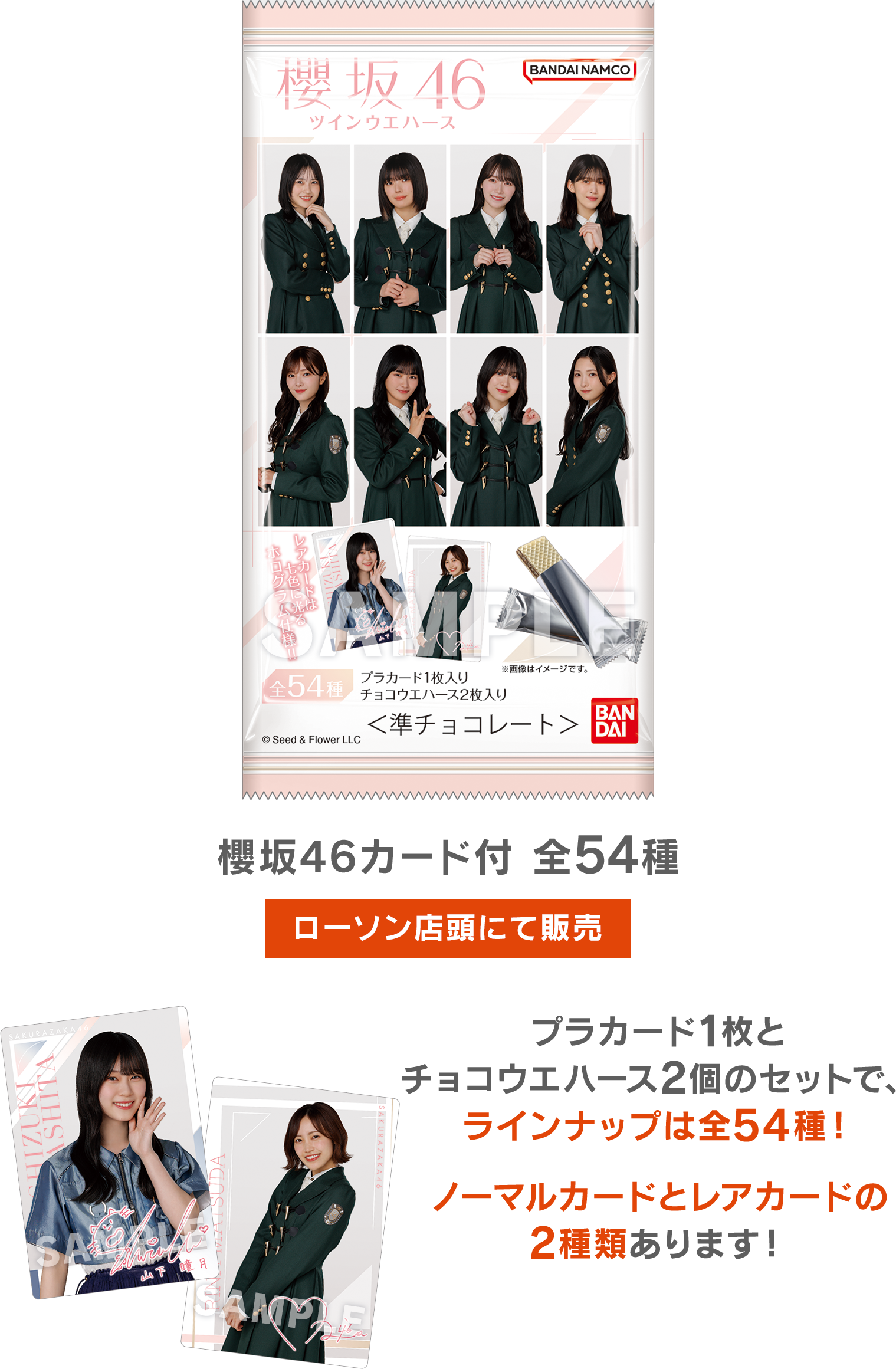 櫻坂46カード付 全54種[ローソン店頭にて販売] プラカード1枚とチョコウエハース2個のセットで、ラインナップは全54種！ノーマルカードとレアカードの2種類あります！