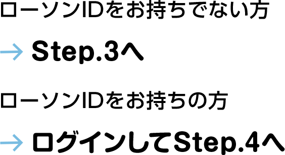 ローソンIDをお持ちでない方＞Step.3へ／ローソンIDをお持ちの方＞ログインしてStep.4へ