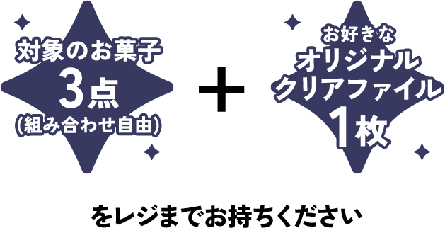 対象のお菓子3点(組み合わせ自由) + お好きなオリジナルクリアファイル1枚をレジまでお持ちください