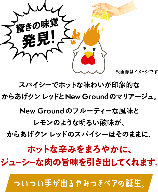 驚きの味覚発見！※画像はイメージです スパイシーでホットな味わいが印象的なからあげクン レッドとNew Groundのマリアージュ。New Groundのフルーティーな風味とレモンのような明るい酸味が、からあげクン レッドのスパイシーはそのままに、ホットな辛みをまろやかに、ジューシーな肉の旨味を引き出してくれます。ついつい手が出るやみつきペアの誕生。