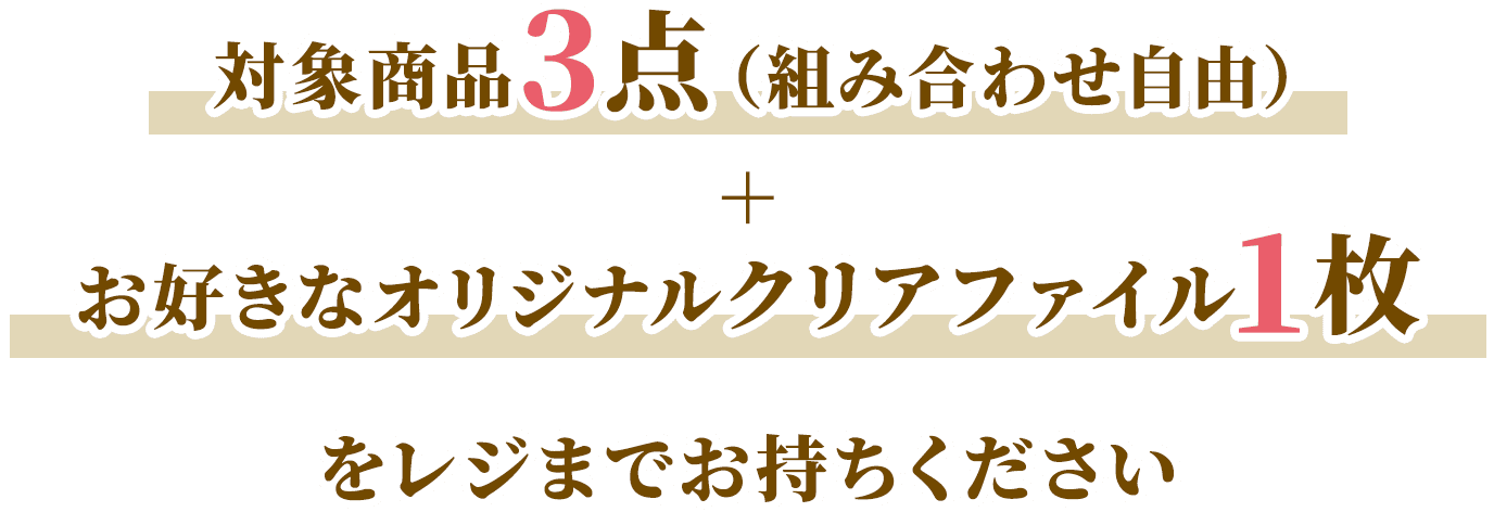 対象商品3点（組み合わせ自由）＋お好きなオリジナルクリアファイル1枚をレジまでお持ちください