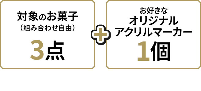 対象のお菓子(組み合わせ自由)3点+お好きなオリジナルアクリルマーカー1個をレジまでお持ちください