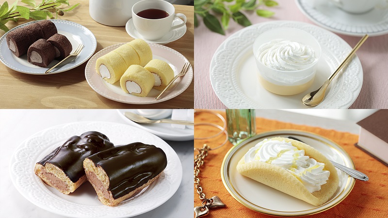 切れてるロールケーキ（チョコ）／切れてるロールケーキ（プレーン）／ベイクドチーズケーキ（チーズホイップのせ）／ショコラエクレール（ベルギーチョコ使用）／クリームたっぷりレモンロール