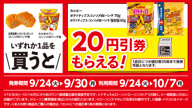 対象のカウンターフーズを買うと、対象ポテトチップスの20円引券がもらえる！