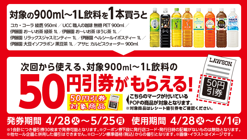 対象の900ml～1L飲料を1本買うと、次回から使える対象の900ml～1L飲料の50円引券がもらえる！