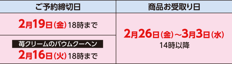 ご予約締切日/商品お受取り日