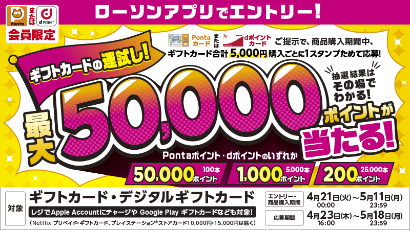 ローソンアプリでエントリー！ギフトカード運試しキャンペーン実施中