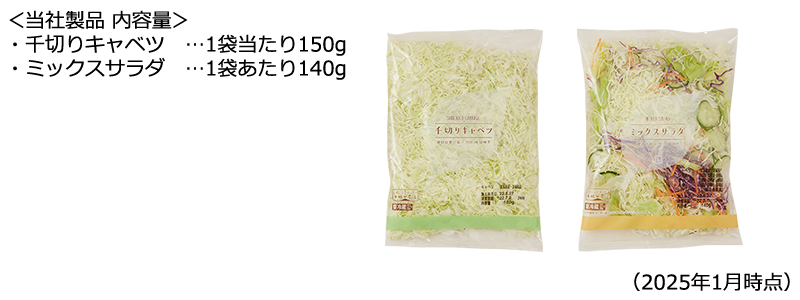 当社製品 内容量 千切りキャベツ 1袋当たり150g ミックスサラダ 1袋あたり140g（2025年1月時点）