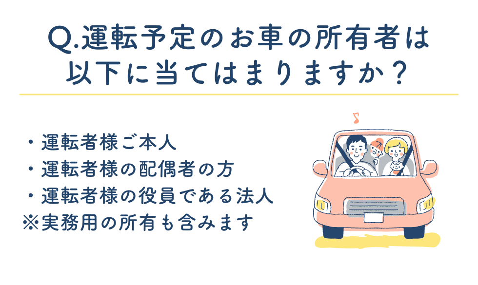 Q.運転予定のお車の所有者は以下に当てはまりますか?·運転者様ご本人·運転者様の配偶者の方·運転者様の役員である法人※実務用の所有も含みます