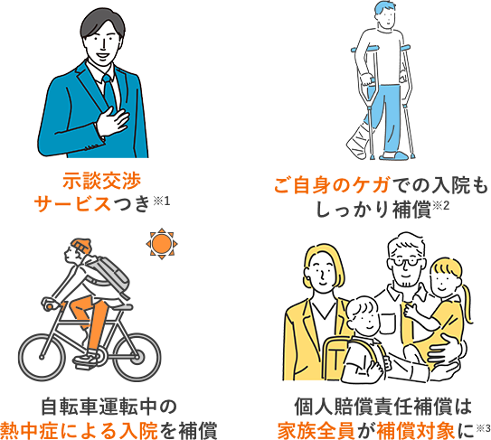 示談交渉サービスつき※1 ご自身のケガもしっかり補償※2 自転車運転中にかかった熱中症の入院を補償 個人賠償責任補償は家族全員が補償対象に※3
